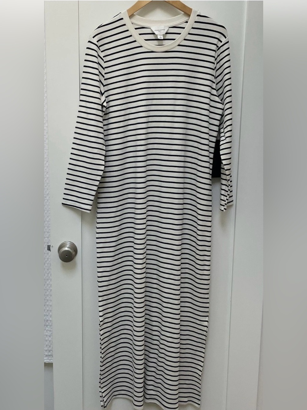 Tuckernut POMANDER PLACE Navy Stripe Gio Long Sleeve Maxi Dress Large Slits Hem